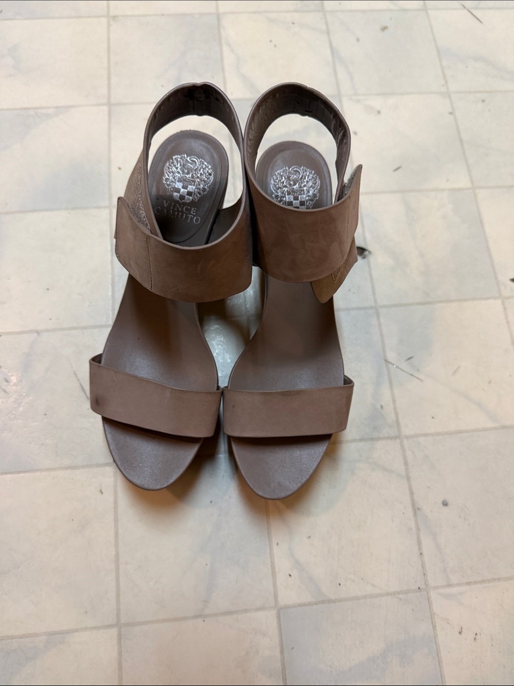 Vince Camuto Taupe Suede Two-Strap Ankle Cuff Sandals